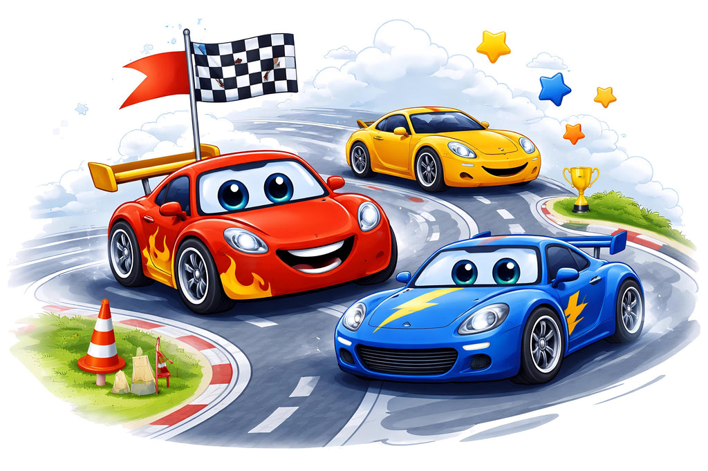 Cartoon Racing Cars Wall Decal For Kids Room, Colorful Race Track Wall Sticker, Playroom Nursery Decor, Peel And Stick Wall Art