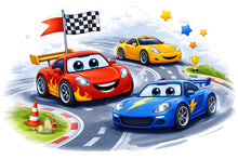 Load image into Gallery viewer, Cartoon Racing Cars Wall Decal For Kids Room, Colorful Race Track Wall Sticker, Playroom Nursery Decor, Peel And Stick Wall Art