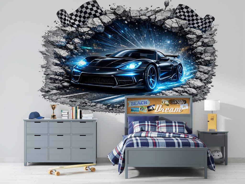 3D Racing Car Wall Decal For Boys Room, Sports Car Wall Sticker, Peel And Stick Kids Room Decor, Removable Car Wall Art