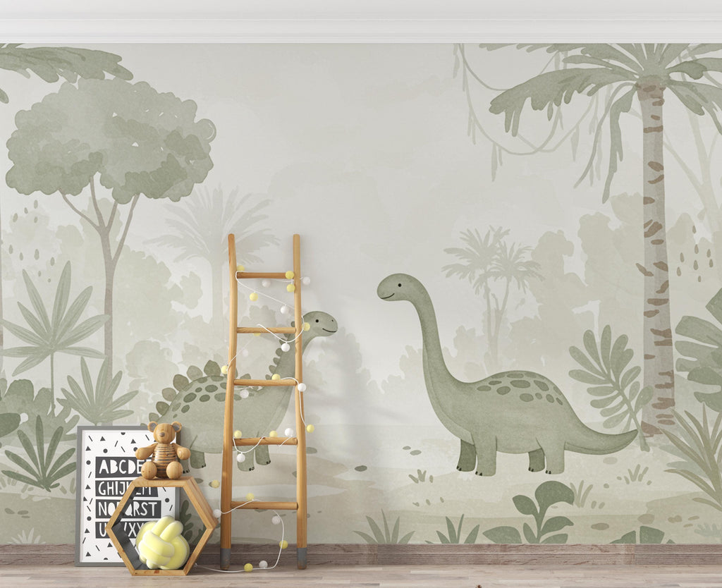 Dinosaur Nursery Wallpaper, Hand Painted Jungle Dinosaurs Wall Mural, Neutral Kids Room Wallpaper, Soft Watercolor Baby Room Decor 245DE