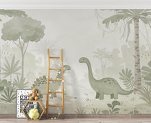 Load image into Gallery viewer, Dinosaur Nursery Wallpaper, Hand Painted Jungle Dinosaurs Wall Mural, Neutral Kids Room Wallpaper, Soft Watercolor Baby Room Decor 245DE