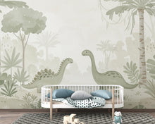 Load image into Gallery viewer, Dinosaur Nursery Wallpaper, Hand Painted Jungle Dinosaurs Wall Mural, Neutral Kids Room Wallpaper, Soft Watercolor Baby Room Decor 245DE