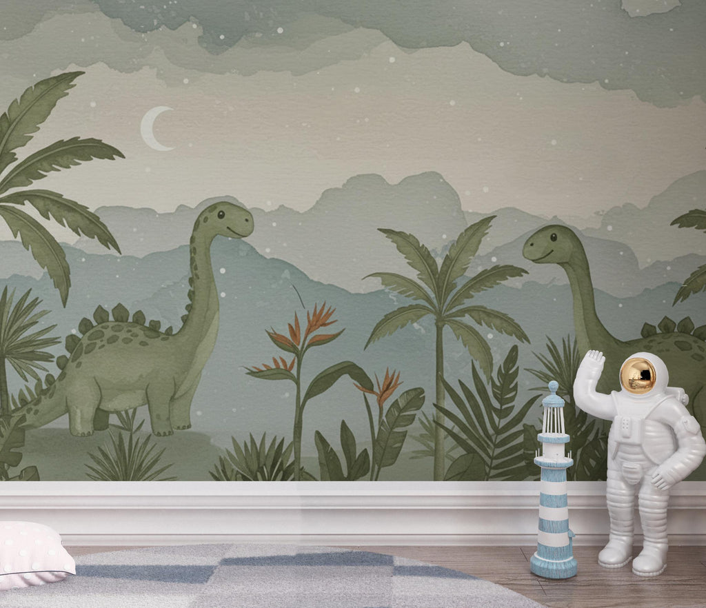 Dinosaur Nursery Wallpaper, Hand Painted Jungle Dinosaurs Wall Mural, Neutral Kids Room Wallpaper, Soft Watercolor Baby Room Decor 246DE