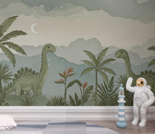 Load image into Gallery viewer, Dinosaur Nursery Wallpaper, Hand Painted Jungle Dinosaurs Wall Mural, Neutral Kids Room Wallpaper, Soft Watercolor Baby Room Decor 246DE
