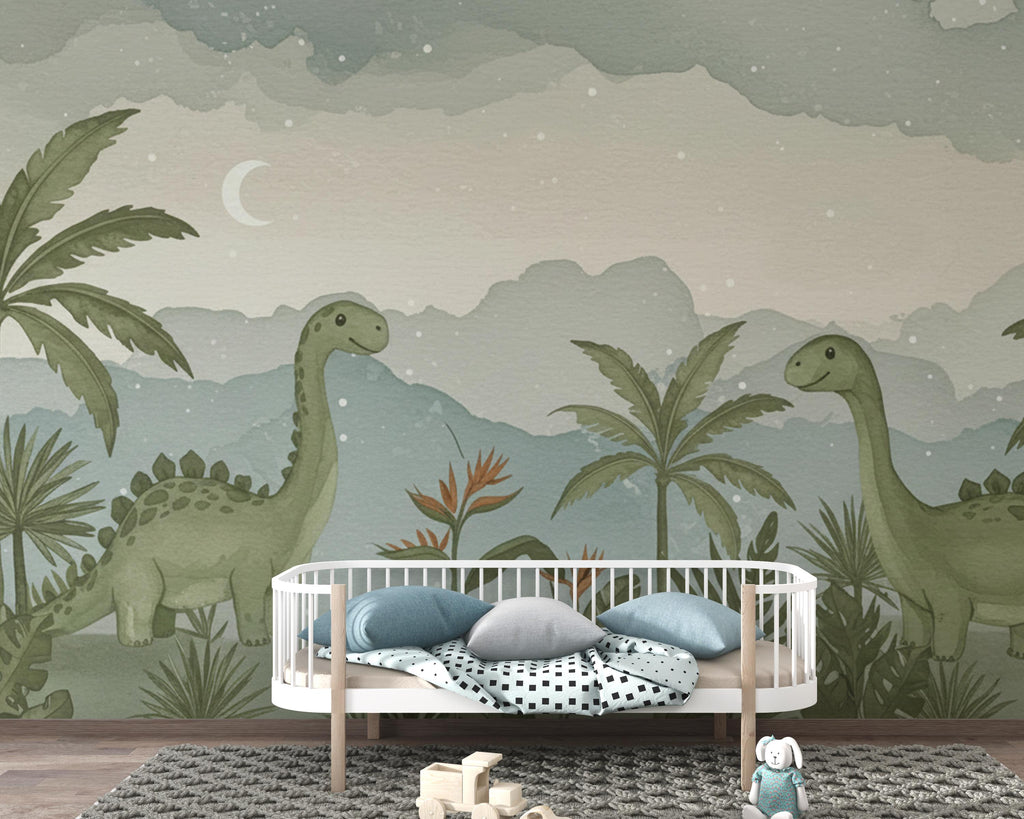 Dinosaur Nursery Wallpaper, Hand Painted Jungle Dinosaurs Wall Mural, Neutral Kids Room Wallpaper, Soft Watercolor Baby Room Decor 246DE