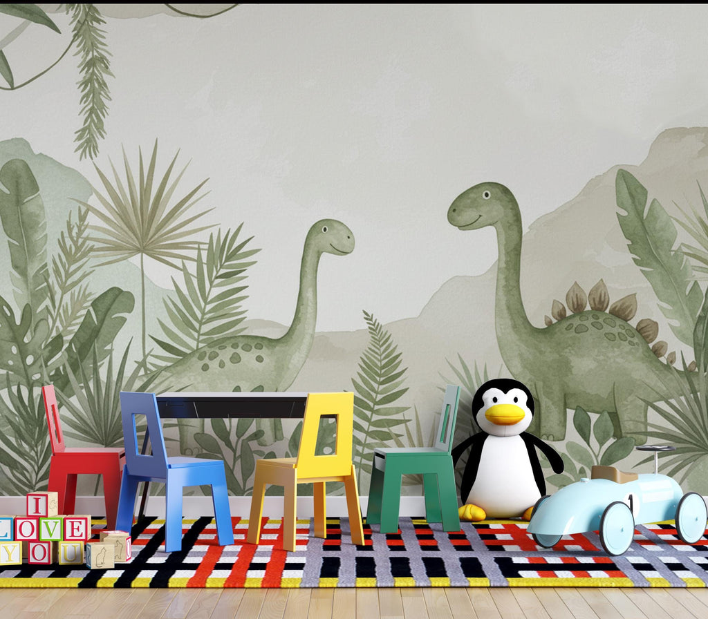 Dinosaur Nursery Wallpaper, Hand Painted Jungle Dinosaurs Wall Mural, Neutral Kids Room Wallpaper, Soft Watercolor Baby Room Decor 247DE