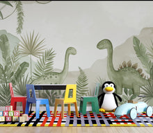 Load image into Gallery viewer, Dinosaur Nursery Wallpaper, Hand Painted Jungle Dinosaurs Wall Mural, Neutral Kids Room Wallpaper, Soft Watercolor Baby Room Decor 247DE