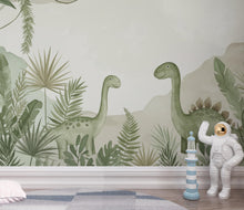 Load image into Gallery viewer, Dinosaur Nursery Wallpaper, Hand Painted Jungle Dinosaurs Wall Mural, Neutral Kids Room Wallpaper, Soft Watercolor Baby Room Decor 247DE