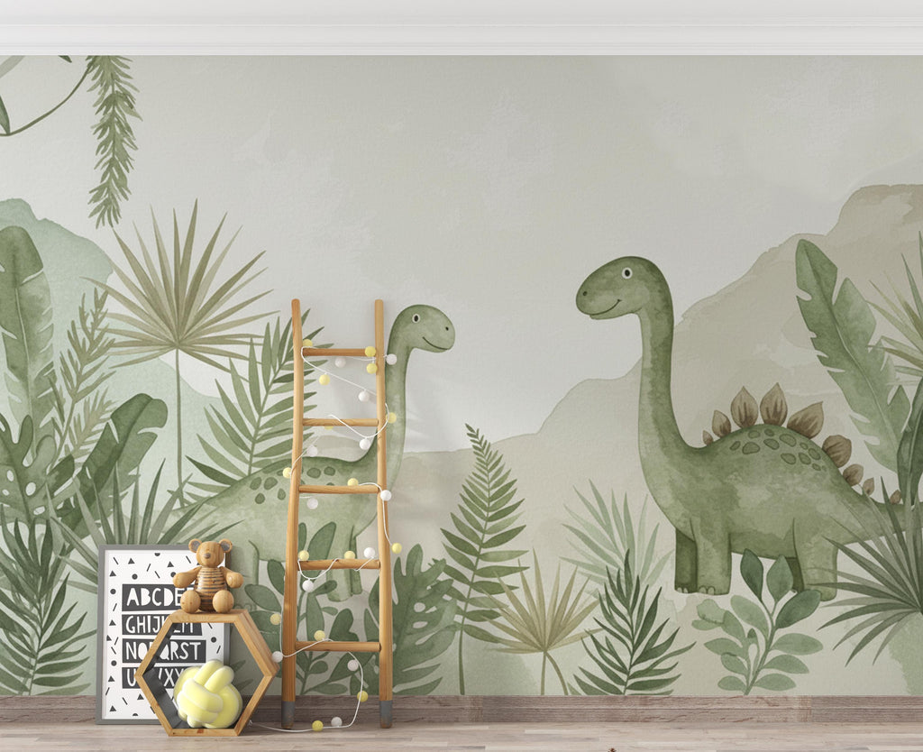 Dinosaur Nursery Wallpaper, Hand Painted Jungle Dinosaurs Wall Mural, Neutral Kids Room Wallpaper, Soft Watercolor Baby Room Decor 247DE