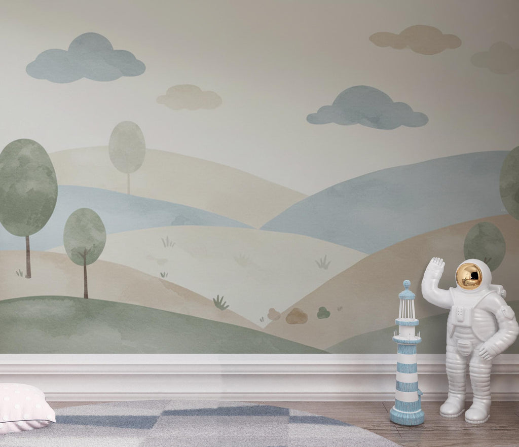 Neutral Nursery Wallpaper, Soft Watercolor Hills Wall Mural, Gender Neutral Kids Room Wallpaper, Minimal Landscape Nursery Decor 248DE
