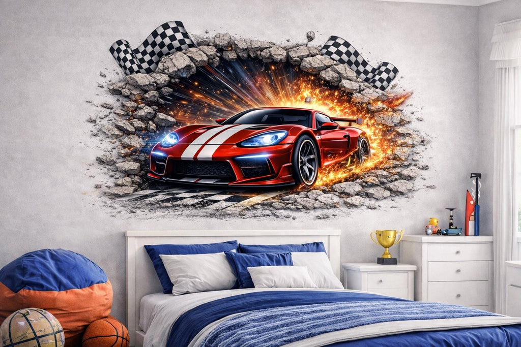 3D Racing Car Wall Decal For Boys Room, Race Car Wall Sticker, Kids Bedroom Wall Art, Peel And Stick Racing Car Wall Decor