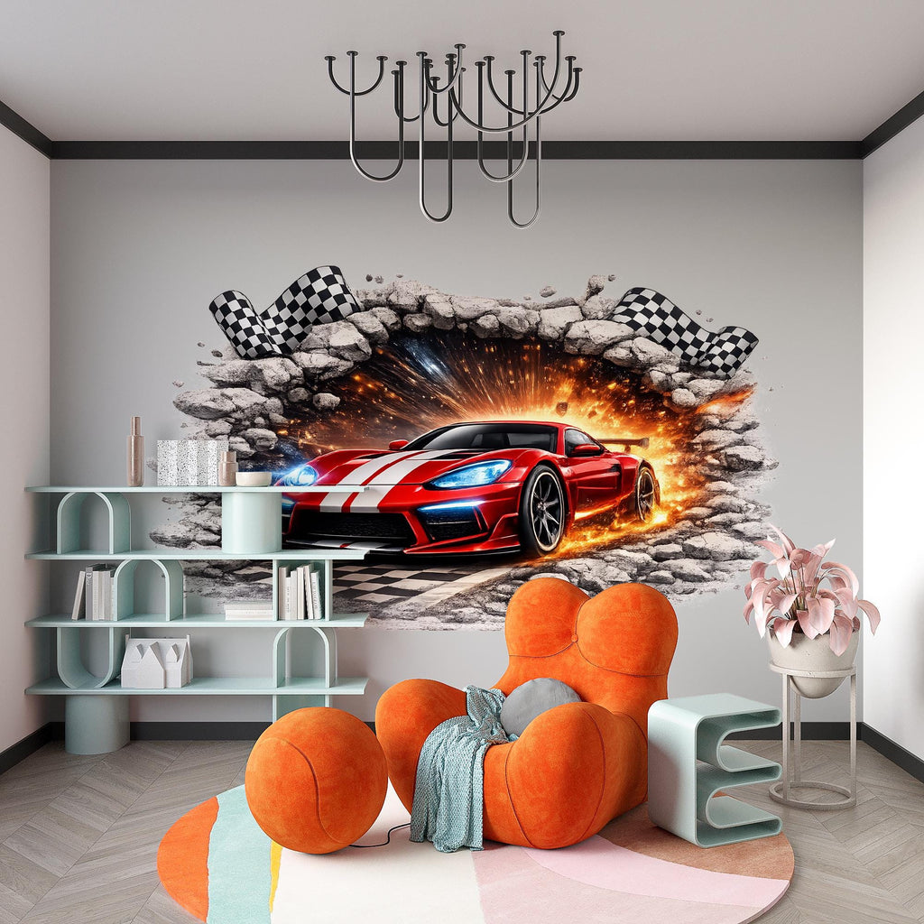 3D Racing Car Wall Decal For Boys Room, Race Car Wall Sticker, Kids Bedroom Wall Art, Peel And Stick Racing Car Wall Decor