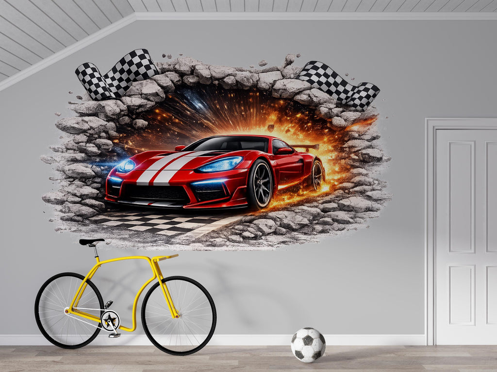 3D Racing Car Wall Decal For Boys Room, Race Car Wall Sticker, Kids Bedroom Wall Art, Peel And Stick Racing Car Wall Decor