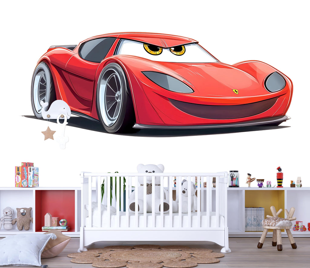 Cute Red Racing Car Wall Decal For Kids Room | Cartoon Car Wall Sticker | Nursery Boy Bedroom Decor | Playroom Peel And Stick Art