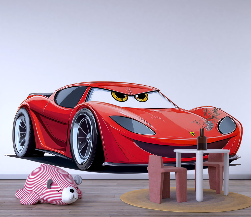 Cute Red Racing Car Wall Decal For Kids Room | Cartoon Car Wall Sticker | Nursery Boy Bedroom Decor | Playroom Peel And Stick Art