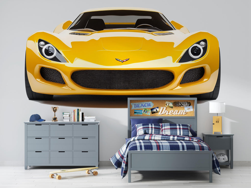 Yellow Sports Car Wall Decal For Kids Room | Racing Car Wall Sticker | Boys Bedroom Wall Art | Playroom Car Decor | Peel And Stick Decal