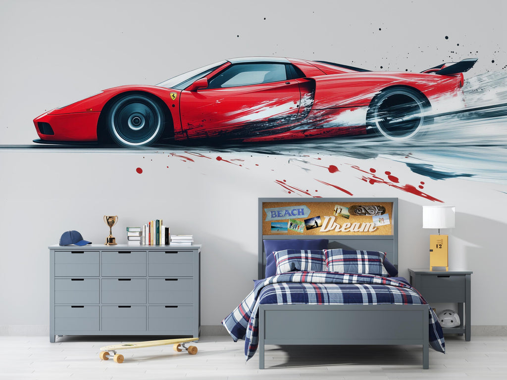 Red Racing Car Wall Decal For Boys Room | Sports Car Wall Sticker | Kids Bedroom Car Wall Art | Playroom Racing Decor | Peel And Stick Decal
