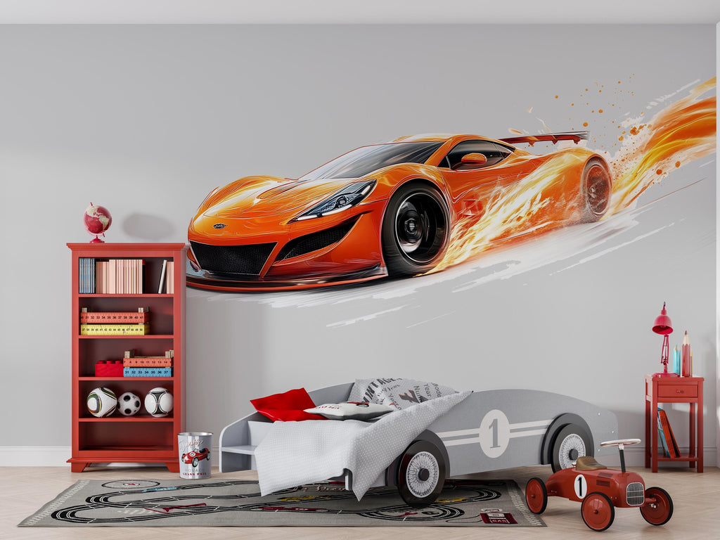 Orange Racing Car Wall Decal For Boys Room | Sports Car Wall Sticker | Kids Bedroom Racing Wall Art | Playroom Car Decor