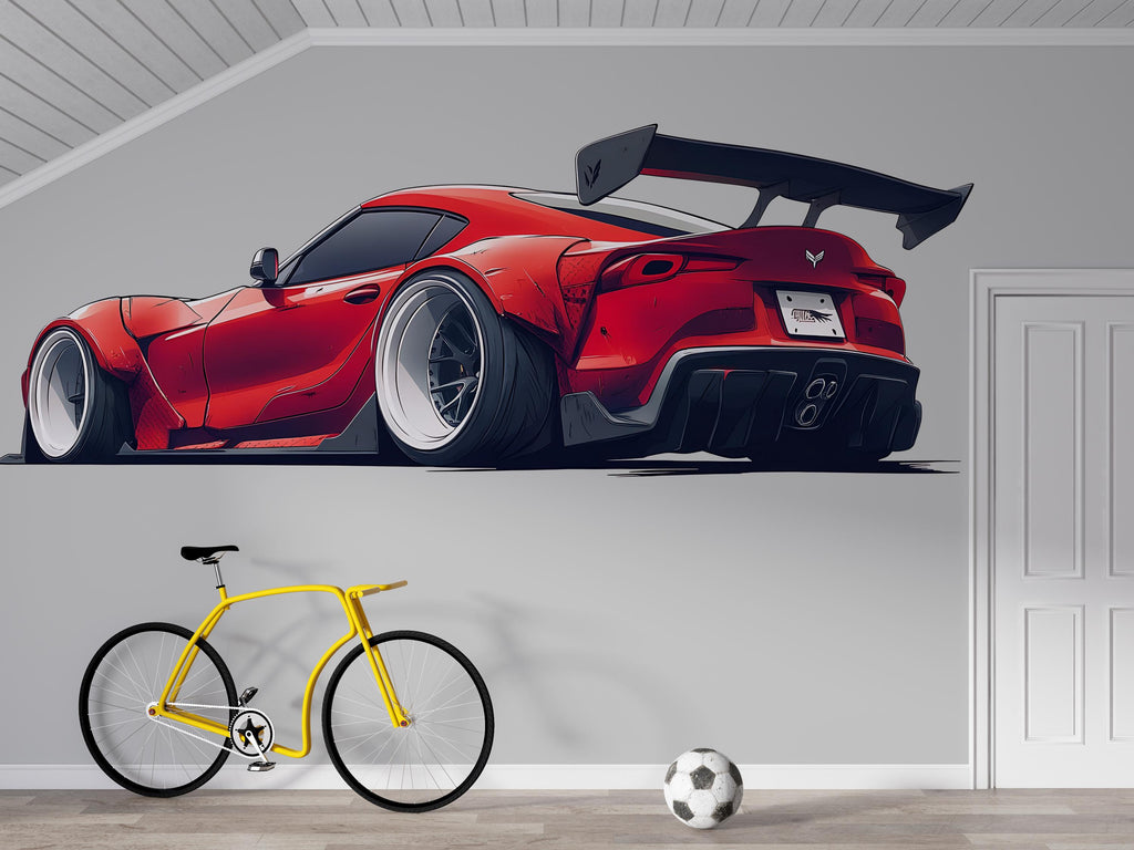 Red Sports Car Wall Decal For Boys Room | Modern Racing Car Wall Sticker | Kids Bedroom Car Wall Art | Playroom Car Decor | Peel And Stick