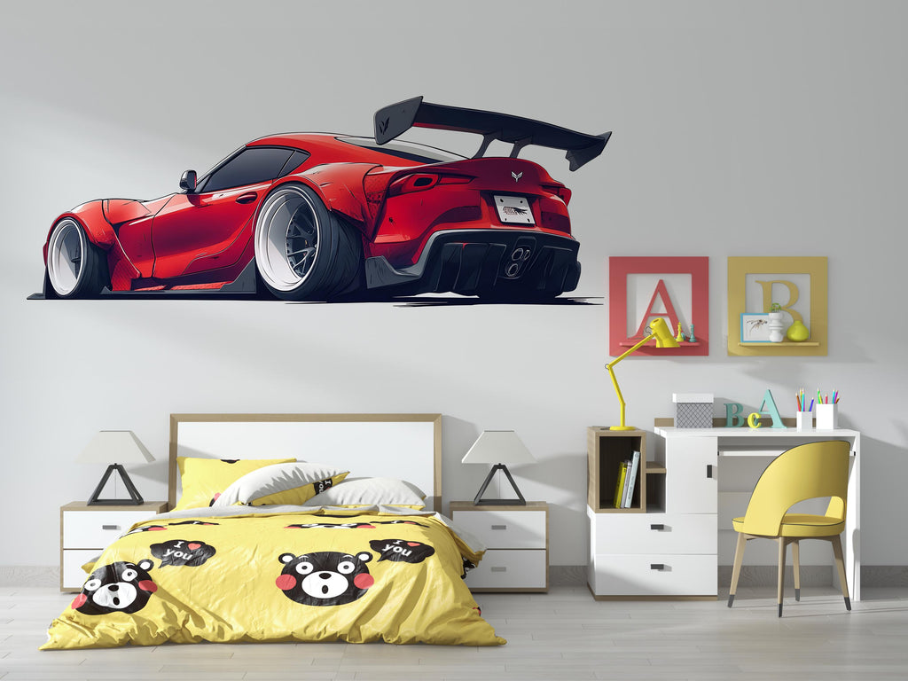 Red Sports Car Wall Decal For Boys Room | Modern Racing Car Wall Sticker | Kids Bedroom Car Wall Art | Playroom Car Decor | Peel And Stick