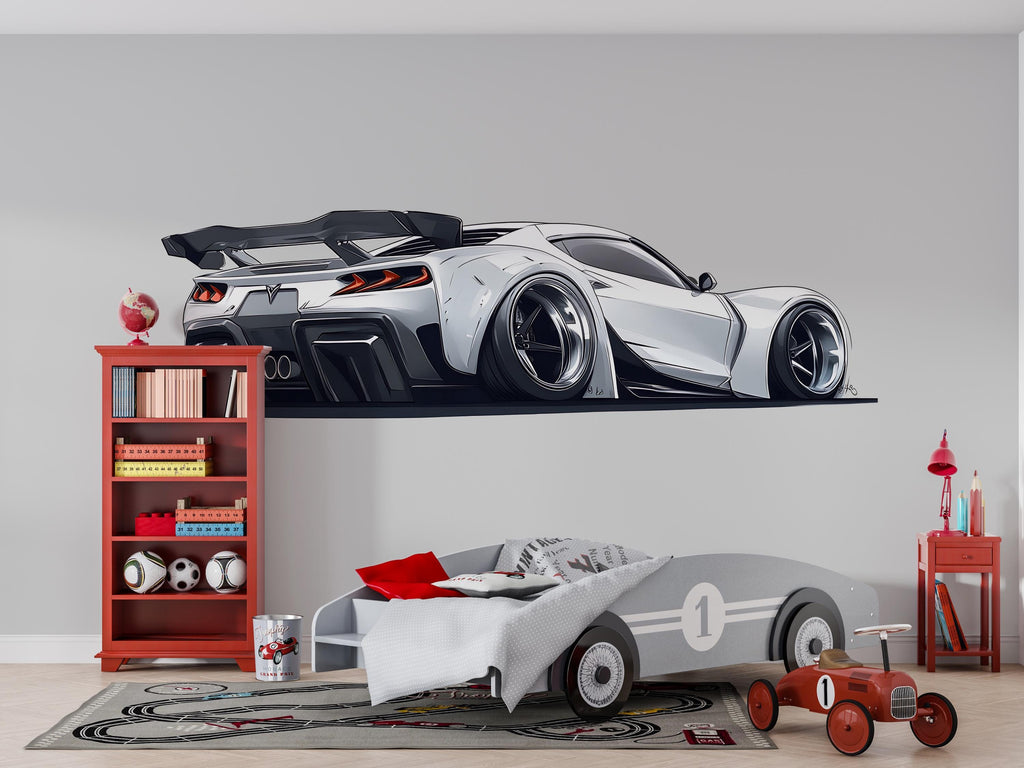 White Sports Car Wall Decal For Boys Room | Modern Racing Car Wall Sticker | Kids Bedroom Car Wall Art | Playroom Decor | Peel And Stick