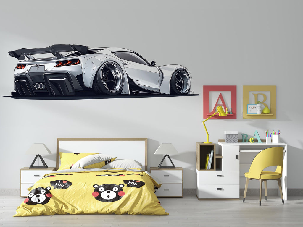 White Sports Car Wall Decal For Boys Room | Modern Racing Car Wall Sticker | Kids Bedroom Car Wall Art | Playroom Decor | Peel And Stick