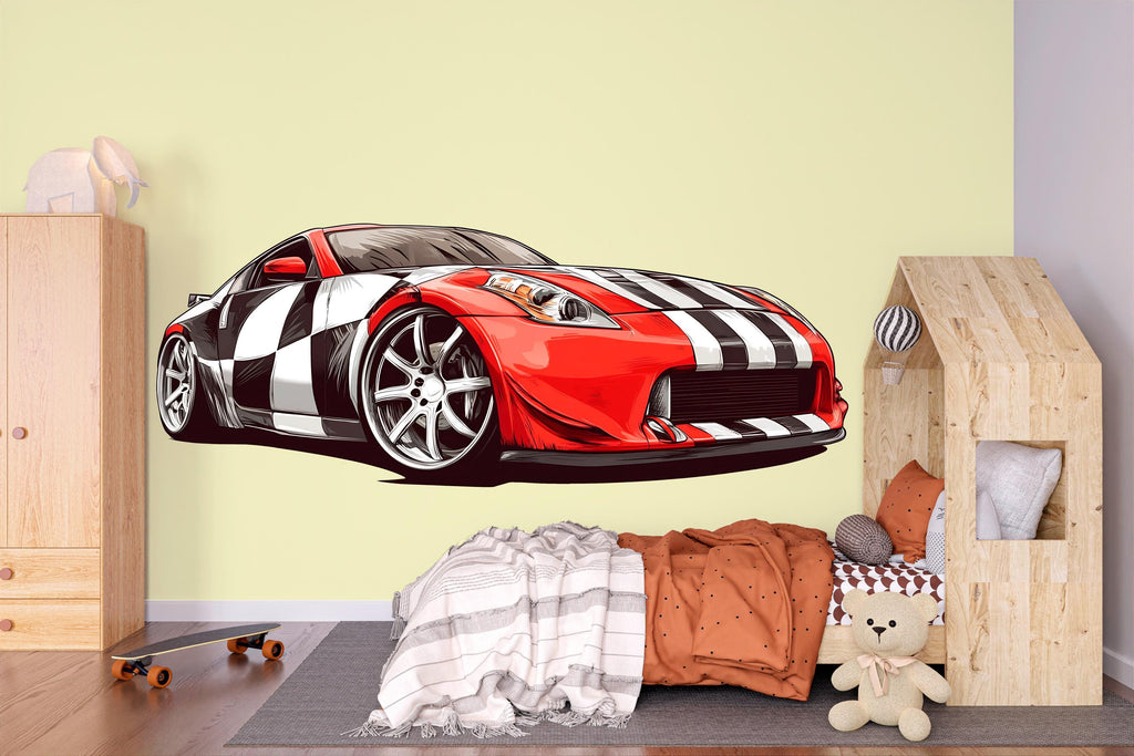 Red Racing Car Wall Decal | Sports Car Wall Sticker For Boys Room | Race Car Bedroom Decor | Kids Room Wall Art | Peel And Stick