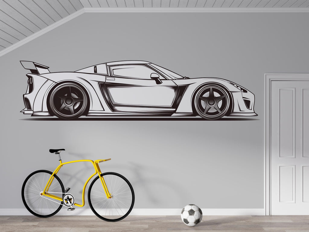 Minimalist Racing Car Wall Decal | Black And White Sports Car Wall Sticker | Boys Room Decor | Car Outline Wall Art | Peel And Stick