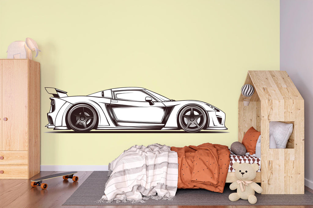 Minimalist Racing Car Wall Decal | Black And White Sports Car Wall Sticker | Boys Room Decor | Car Outline Wall Art | Peel And Stick