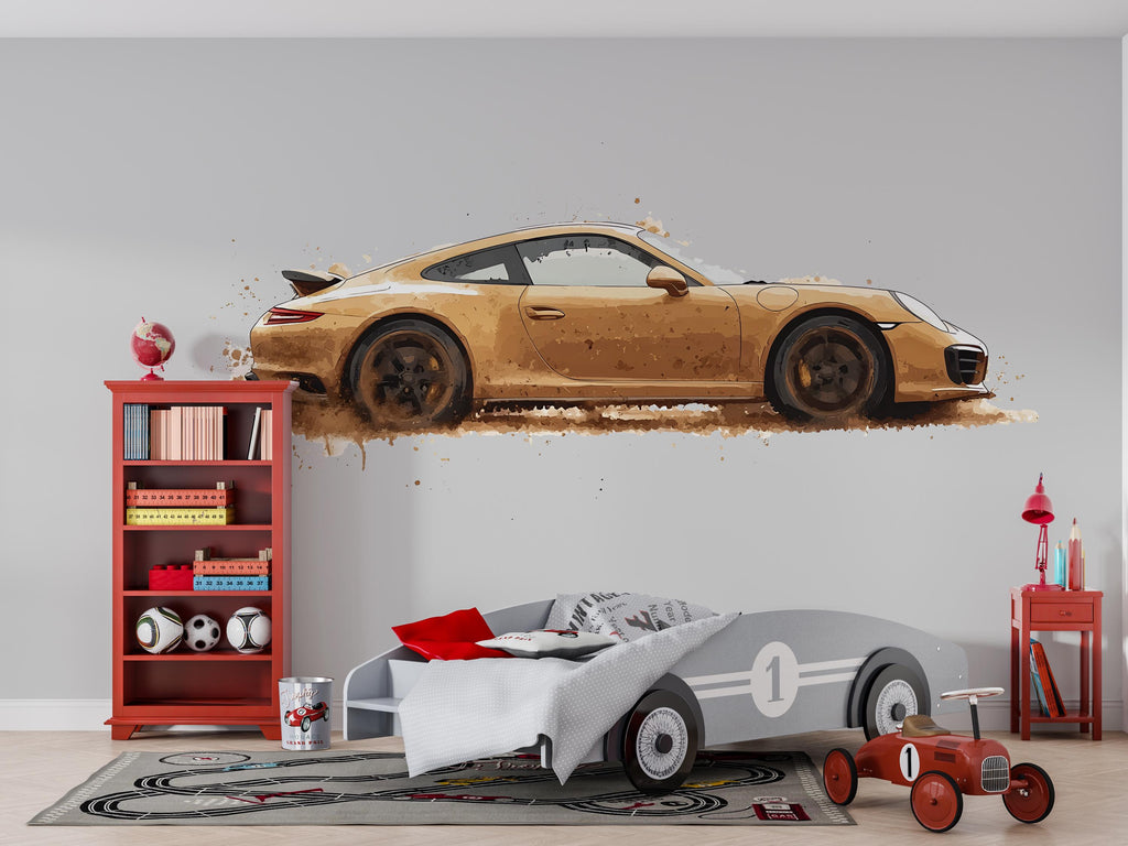 Mud Splash Sports Car Wall Decal | Racing Car Wall Sticker | Boys Room Decor | Car Wall Art | Peel And Stick Vehicle Decal