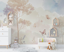 Load image into Gallery viewer, Pastel Butterfly Wallpaper Mural – Forest wallpaper, butterfly wall art, Elegant Watercolor Wall Art for Girls Bedroom Nursery 1025RS
