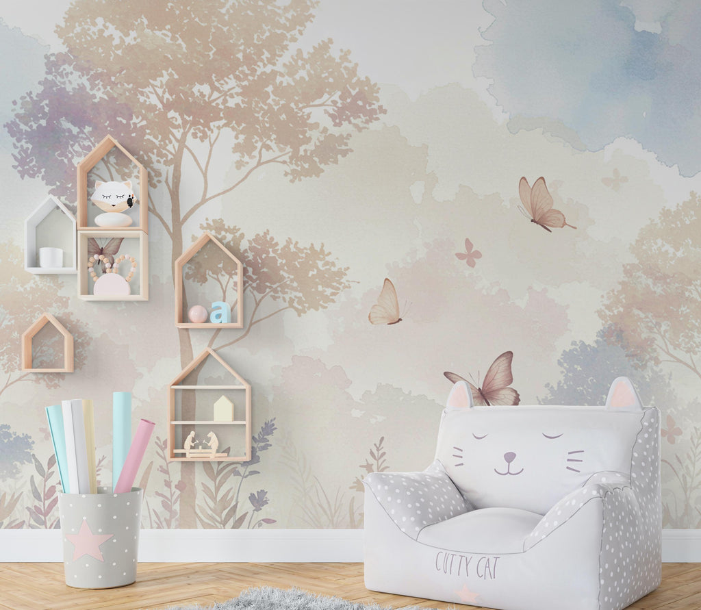 Pastel Butterfly Wallpaper Mural – Forest wallpaper, butterfly wall art, Elegant Watercolor Wall Art for Girls Bedroom Nursery 1025RS