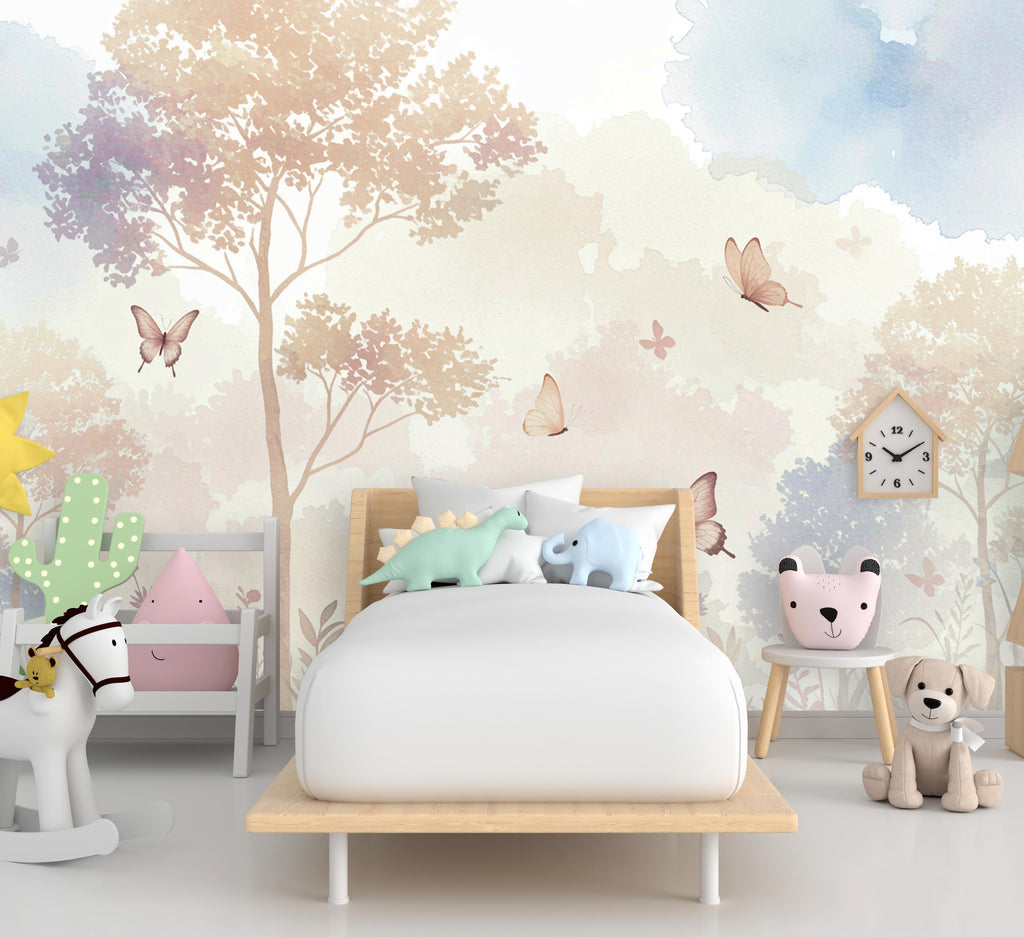 Pastel Butterfly Wallpaper Mural – Forest wallpaper, butterfly wall art, Elegant Watercolor Wall Art for Girls Bedroom Nursery 1025RS