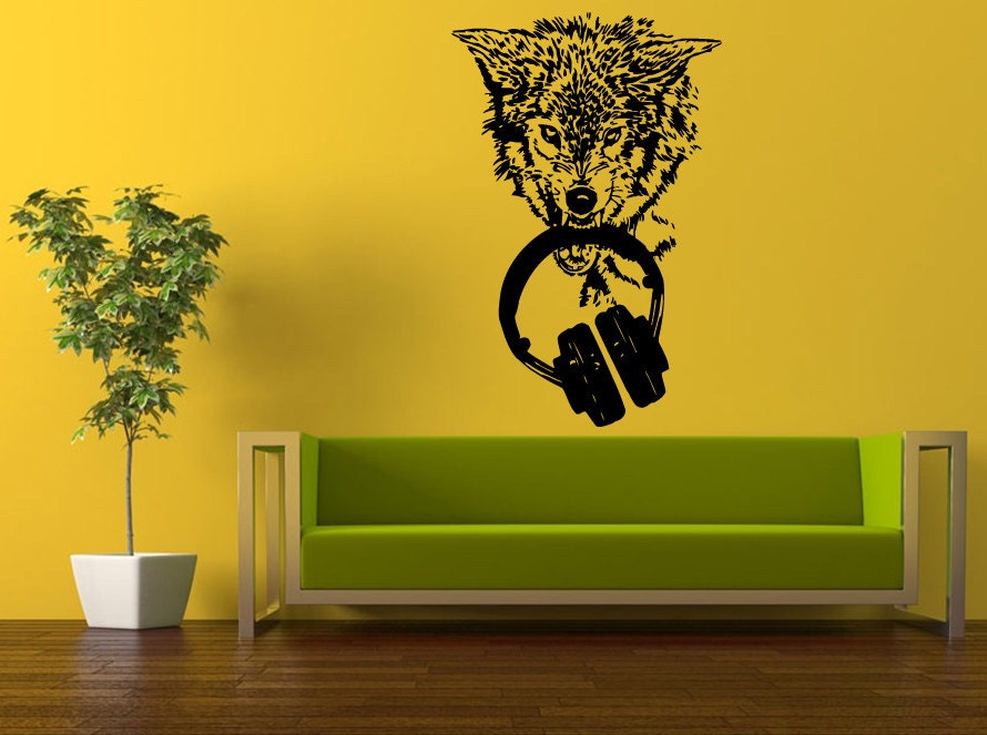 Wall Decal Vinyl Sticker Decals Peal And Stick Cheap Free Shipping Art Wolf Head Animal Coyote Hungry For Music Biting Headphones L505