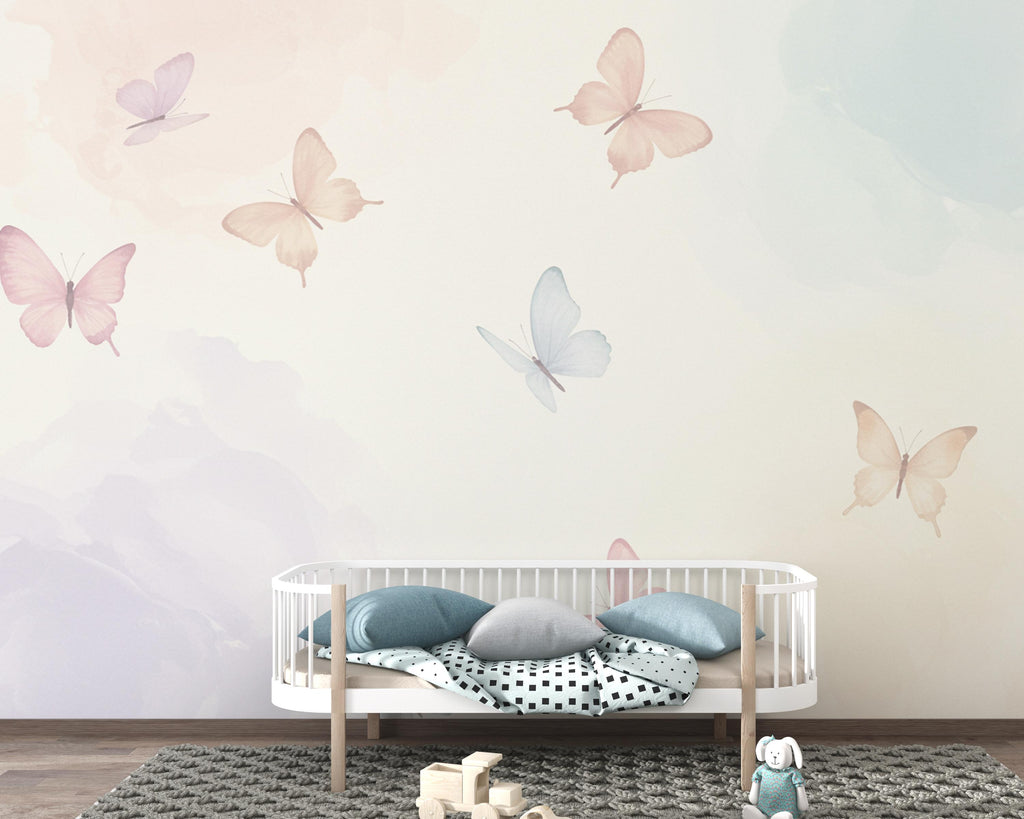 Butterfly Pastel Wallpaper, Hand Painted Butterfly Wall Mural, Neutral Kids Room Wallpaper, Soft Watercolor Baby Room Decor 253DE