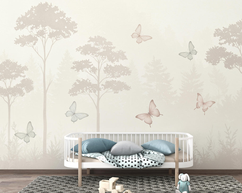 Butterfly Pastel Wallpaper, Forest Hand Painted Butterfly Wall Mural, Neutral Kids Room Wallpaper, Soft Watercolor Baby Room Decor 254DE