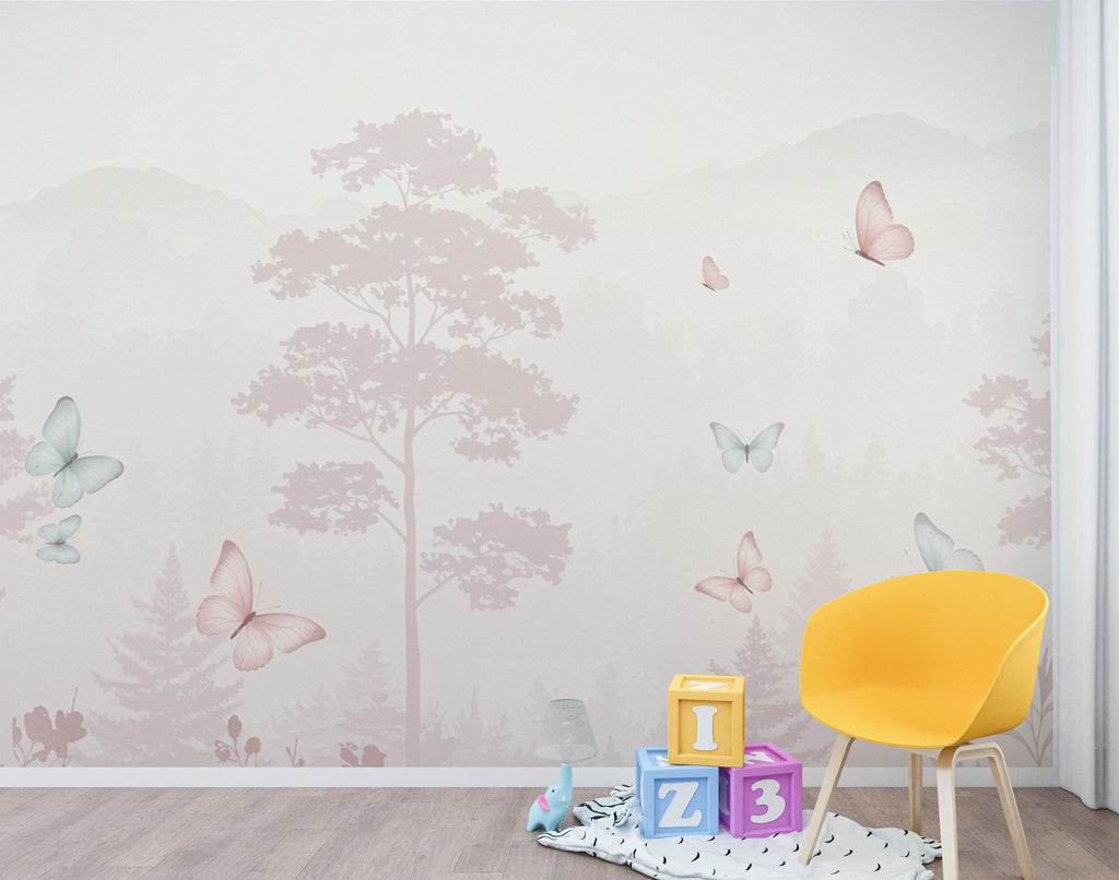 Butterfly Pastel Wallpaper, Forest Hand Painted Butterfly Wall Mural, Neutral Kids Room Wallpaper, Soft Watercolor Baby Room Decor 255DE