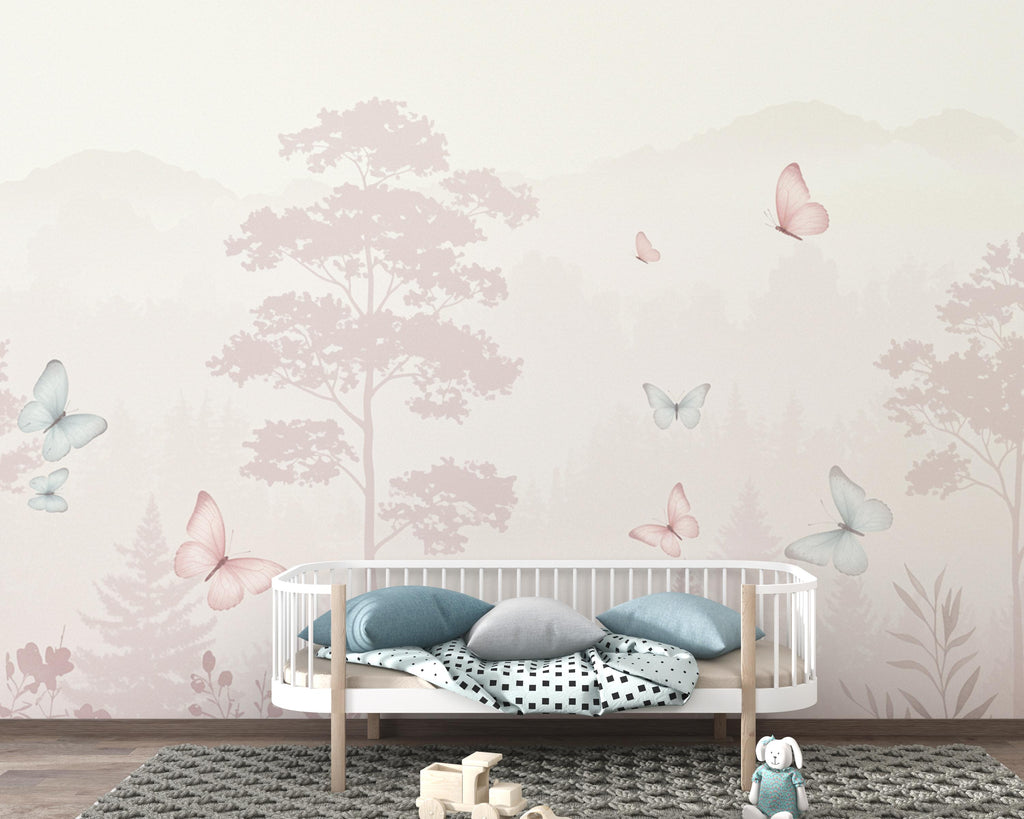 Butterfly Pastel Wallpaper, Forest Hand Painted Butterfly Wall Mural, Neutral Kids Room Wallpaper, Soft Watercolor Baby Room Decor 255DE