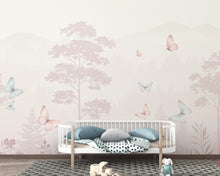 Load image into Gallery viewer, Butterfly Pastel Wallpaper, Forest Hand Painted Butterfly Wall Mural, Neutral Kids Room Wallpaper, Soft Watercolor Baby Room Decor 255DE