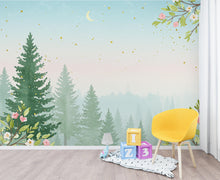 Load image into Gallery viewer, Dreamy Spring Forest Wallpaper Mural – Watercolor Evergreen Trees, Forest wallpaper, Pine Tree Wall Art for Nursery Room 256DE