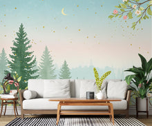 Load image into Gallery viewer, Dreamy Spring Forest Wallpaper Mural – Watercolor Evergreen Trees, Forest wallpaper, Pine Tree Wall Art for Nursery Room 256DE