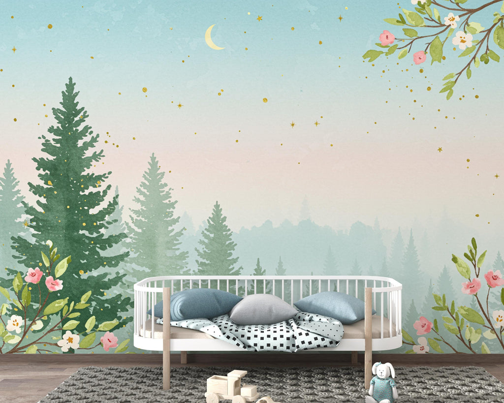Dreamy Spring Forest Wallpaper Mural – Watercolor Evergreen Trees, Forest wallpaper, Pine Tree Wall Art for Nursery Room 256DE