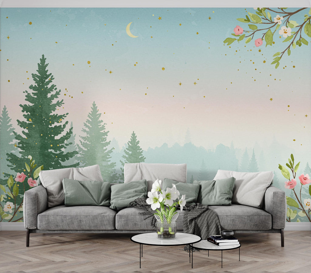 Dreamy Spring Forest Wallpaper Mural – Watercolor Evergreen Trees, Forest wallpaper, Pine Tree Wall Art for Nursery Room 256DE