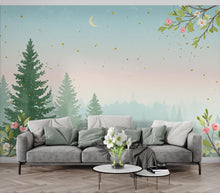 Load image into Gallery viewer, Dreamy Spring Forest Wallpaper Mural – Watercolor Evergreen Trees, Forest wallpaper, Pine Tree Wall Art for Nursery Room 256DE