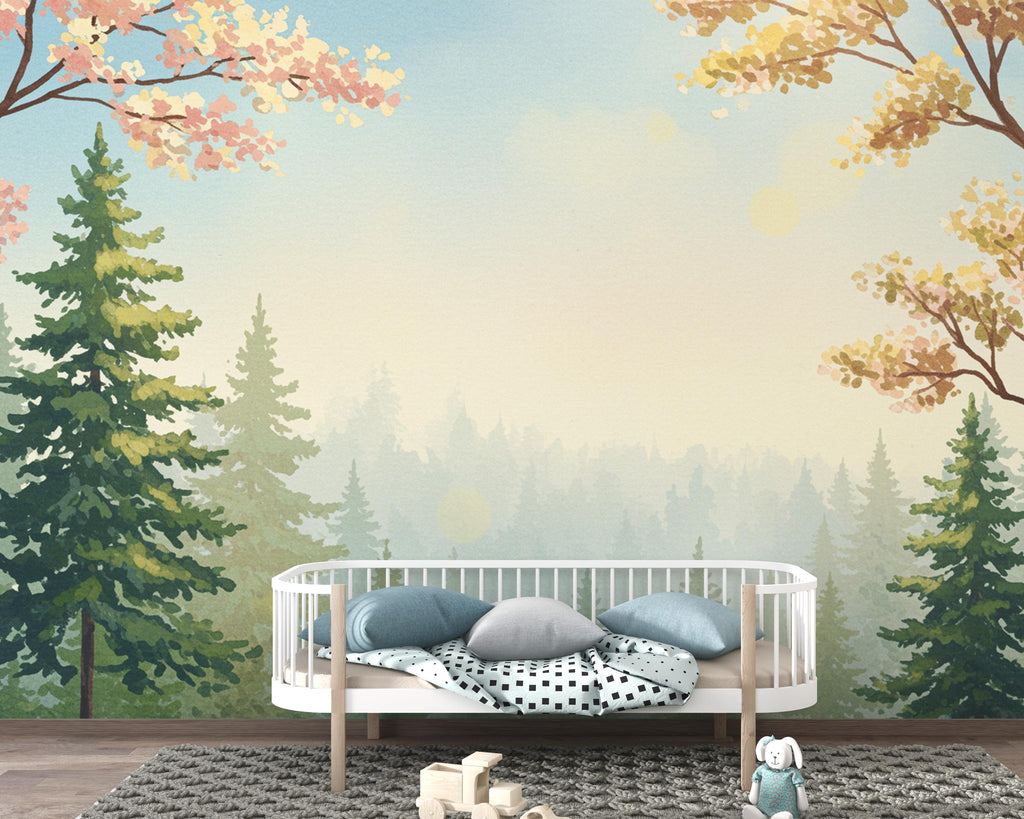 Dreamy Spring Forest Wallpaper Mural – Watercolor Evergreen Trees, Forest wallpaper, Pine Tree Wall Art for Nursery Room 257DE