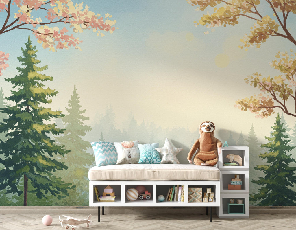 Dreamy Spring Forest Wallpaper Mural – Watercolor Evergreen Trees, Forest wallpaper, Pine Tree Wall Art for Nursery Room 257DE