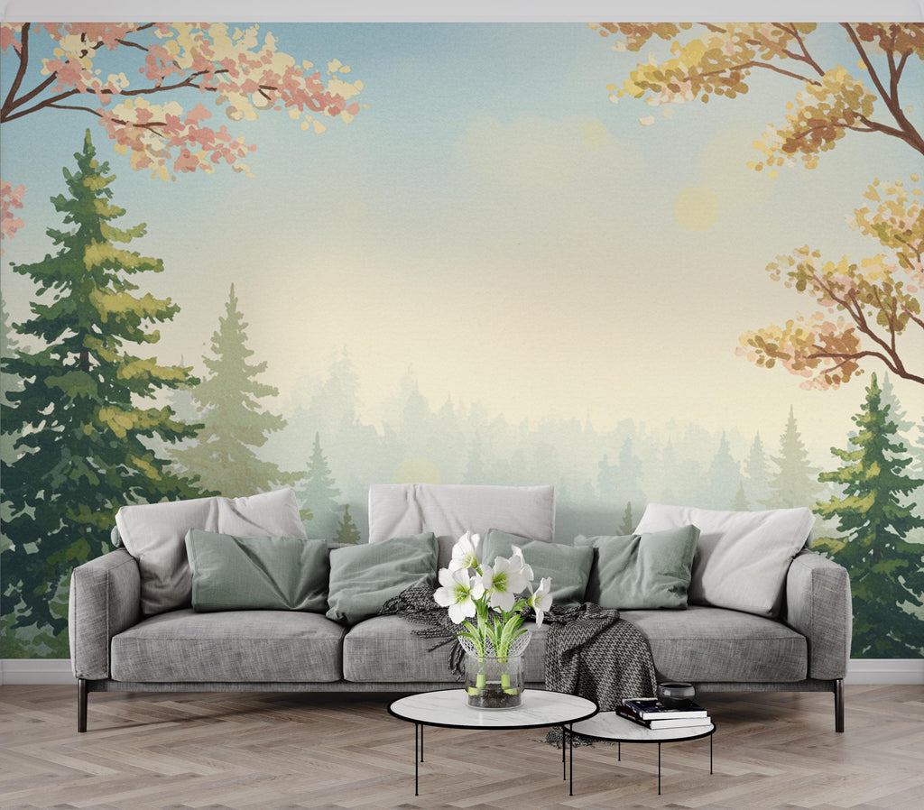 Dreamy Spring Forest Wallpaper Mural – Watercolor Evergreen Trees, Forest wallpaper, Pine Tree Wall Art for Nursery Room 257DE