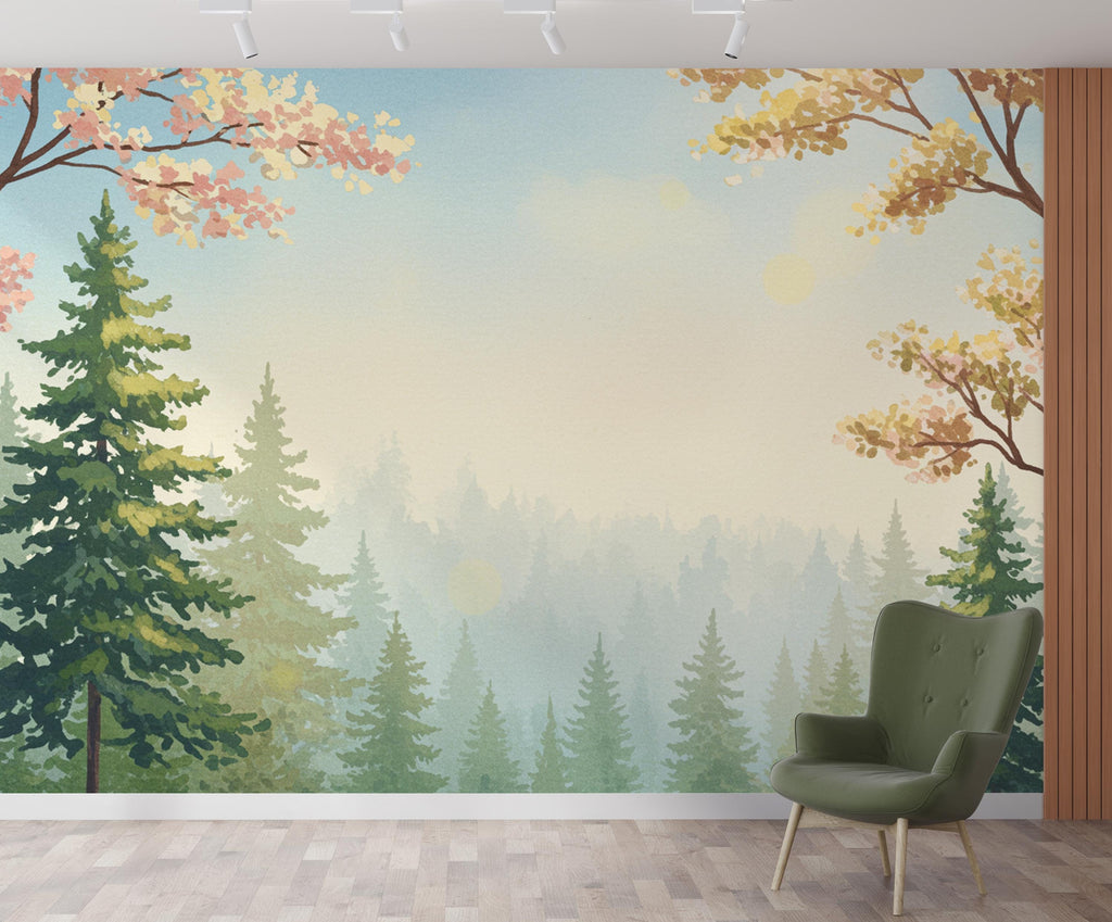 Dreamy Spring Forest Wallpaper Mural – Watercolor Evergreen Trees, Forest wallpaper, Pine Tree Wall Art for Nursery Room 257DE