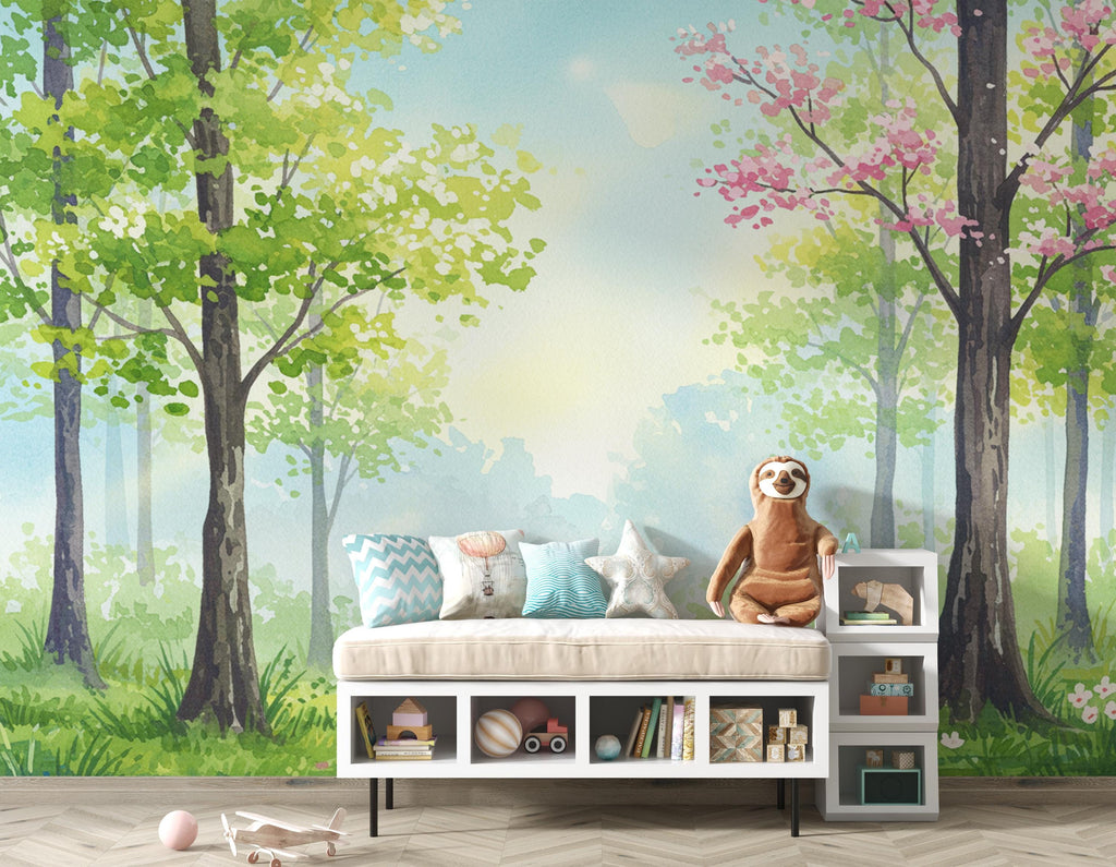 Watercolor Forest Wallpaper Mural – Dreamy Evergreen Trees Nursery Decor 258DE