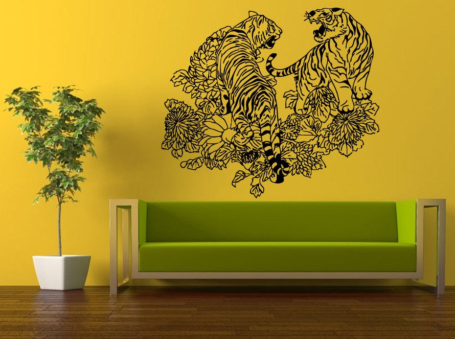 Wall Decal Vinyl Sticker Decals Peal And Stick Cheap Free Shipping Music Art Two Tigers Predator Animal Exotic Jungle Flowers L447